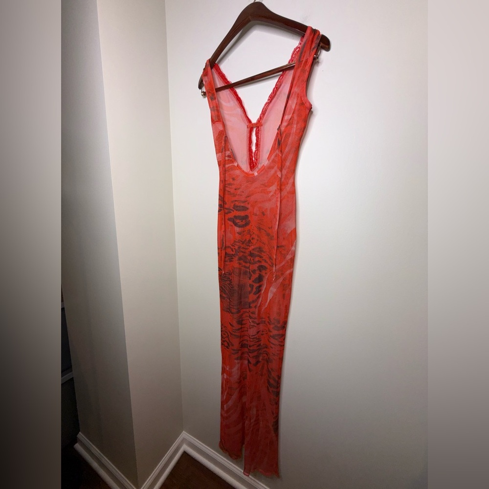 PrettyLittleThing Red Sheer Mesh Maxi Dress Cover Up - Picture 8 of 8
